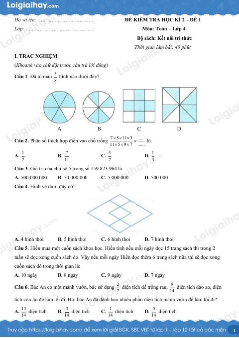 Đề kiểm tra học kì 2 Toán 4 Kết nối tri thức - Đề số 1